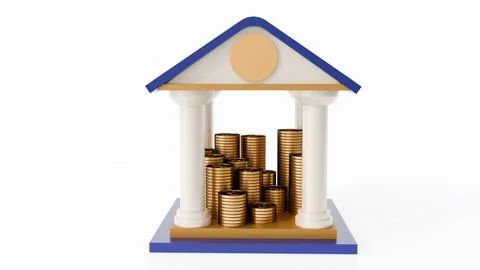 Stacks of golden coins inside of a classical building with a blue roof. Ilustración de archivo