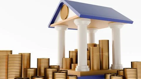 Stacks of golden coins inside of a classical building with a blue roof. Ilustración de archivo