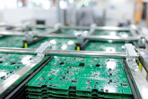 Stacks of green circuit boards in rack at smart electronics manufacturing f.. Stock Photos