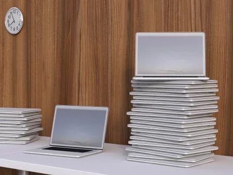 Stacks of laptops on a table in front of wooden wall, 3D Rendering Illustrazione stock