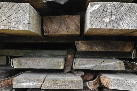 Stacks of old and grey wood boards background surface Stock Photos