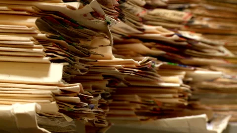 Stacks of old discarded paper folders lying on a shelf Stock Footage 147209810