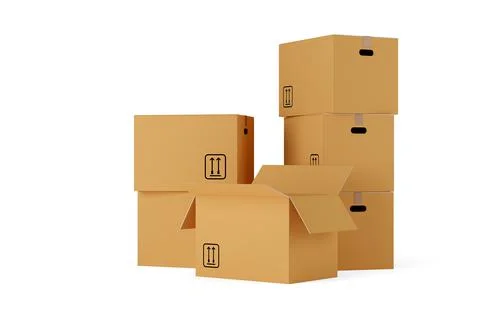Stacks of open and closed brown cardboard moving storage boxes over white bac Stock Illustration