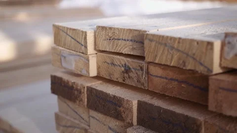 Stacks of packed lumber plank stored in yard of woodwork factory Stockbeeldmateriaal 85212609