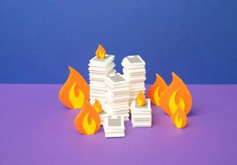Stacks of papers on fire. Bureaucratic hell. Unable to cope with paperwork,.. Fotos Stock