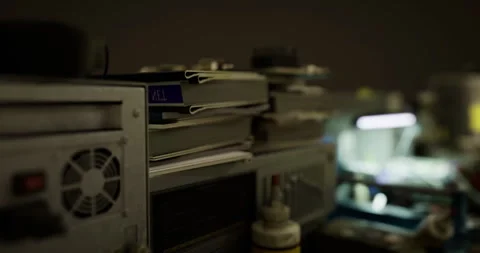 Stacks of paperwork and technology in a dimly lit workspace at night Stock Footage 316066587