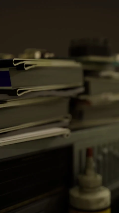 Stacks of paperwork and technology in a dimly lit workspace at night Stock Footage 316632863