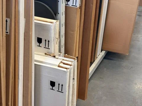 Stacks of plain brown cardboard boxes on pallets inside a retail supermarke.. Stock Photos