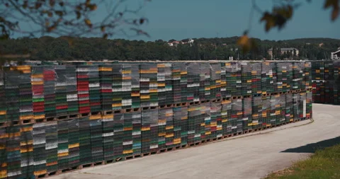 Stacks of Plastic Fish Crates Near Waterfront Video stock 335347357