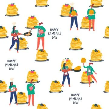 Stacks of ready-made pancakes. Hand drawn people and text: happy pancake day Stock Illustration