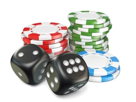 Stacks of red, green, blue gambling chips and black dices 3D 库存插图