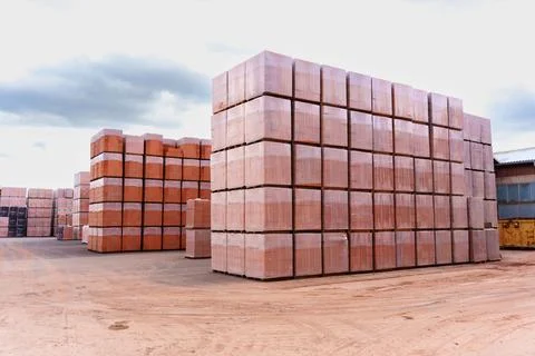 Stacks Of Red Masonry Bricks Wrapped In Plastic At A Factory In Hainstadt Foto stock