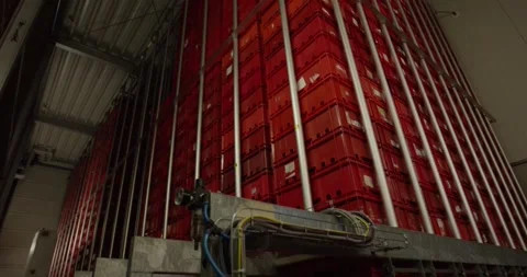 Stacks of red plastic crates moving through an automated conveyor system in a Vídeo Stock 340002624