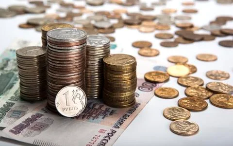 Stacks of Russian rubles with note Stock Photos