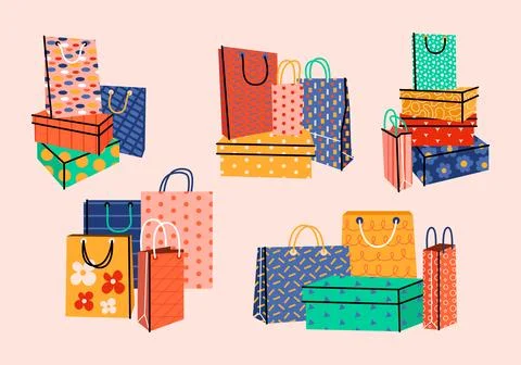 Stacks of shoe boxes with various craft paper shopping or gift bags. Stock Illustration