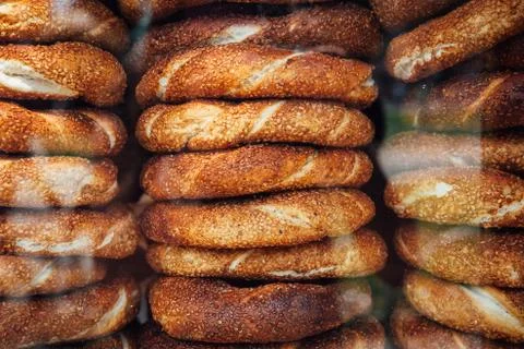 Stacks of simit bread in Istanbul, Turkey Stock Photos