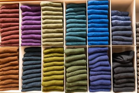 Stacks of socks and models of various colors on a store shelf Stock Photos