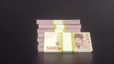 Stacks of South Korean 5000 Won Banknotes on Dark Background Stock Footage 313756365
