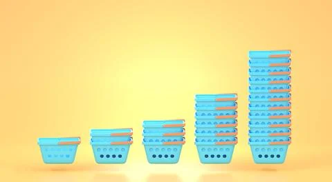 Stacks turquoise shopping baskets, empty plastic supermarket carts isolated on Illustrazione stock