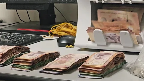 Stacks of uae dirham banknotes on a desk next to a computer keyboard and a money 스톡 동영상 334152106
