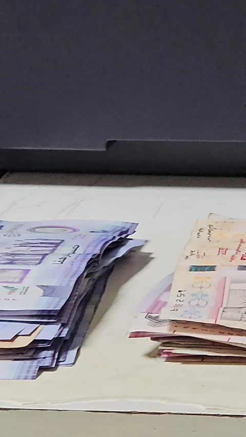Stacks of UAE dirham banknotes in various denominations, including green Stock-Footage 340913606
