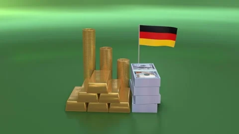 Stacks of US dollar banknotes and pure gold bars with Germany flag on refle.. Stock Footage 328664167