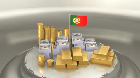 Stacks of US dollar banknotes and pure gold bars with Portugal flag on refl.. Stock Footage 328664247