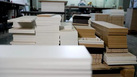 Stacks of white and brown laminated particleboard panels on pallets in workshop Stock Photos