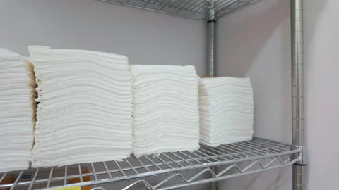 Stacks of White Medical Examination Table Paper Sheets on Wire Rack Stock Footage 345614991