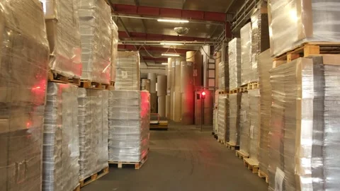 Stacks of wrapped cardboard boxes on pallets stored in a large industrial w.. Stock Footage 337670252
