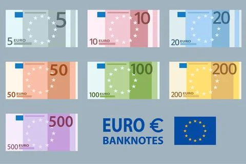 Stacksof Banknotes in denominations of 5,10, 20, 50 , 100, 200 and 500 euros on 스톡 일러스트