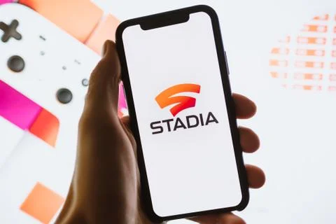 Stadia logo on the smartphone screen. Stock Photos
