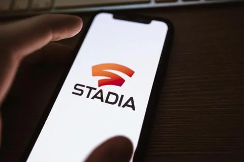 Stadia logo on the smartphone screen. Stock Photos