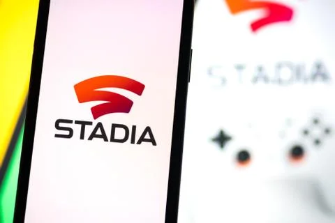Stadia logo on the smartphone screen. Stock Photos