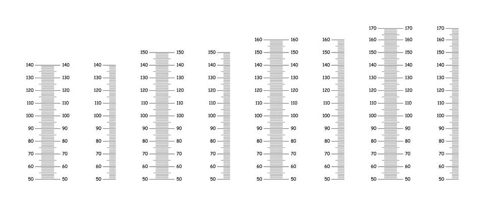 Stadiometer scale from 50 to 140, 150, 160, 170 centimeters. Kids height charts Stock Illustration