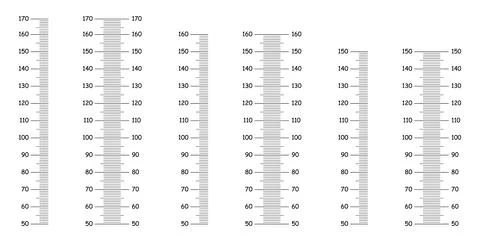 Stadiometer scale from 50 to 150, 160, 170 centimeters. Kids height charts Stock Illustration