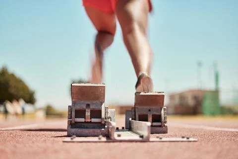 Stadium, back view and runner on start blocks for sprint, race or competition Stock Photos