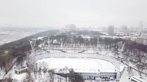 The Stadium Dynamo, Kyiv. Aerial view. Winter. Video stock 84858044