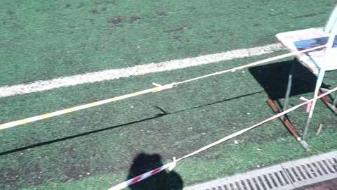 The stadium is fenced off due to damage Stock Footage 138700168