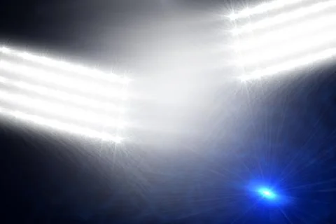 Stadium floodlight cluster is piercing through smoky atmosphere in vector Stock Illustration