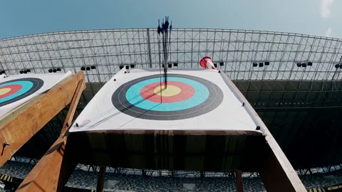 Stadium. Hitting an arrow into a shooting target. Archery, accuracy competition. Stock Footage 201608088