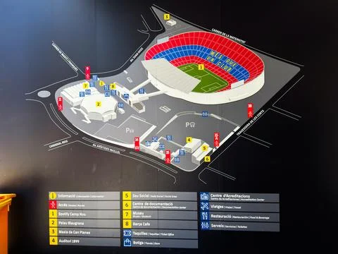 Stadium map of Camp Nou and surrounding arena complex in Barcelona, Spain s.. Stock Photos