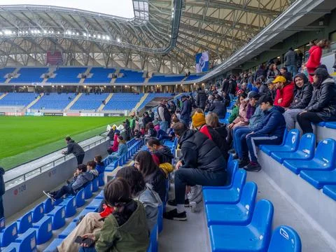 At the stadium before the match. Half empty stadium. The fans haven't arriv.. Stock Photos