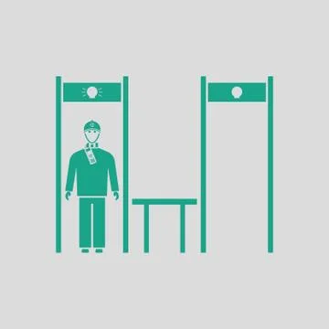 Stadium metal detector frame with inspecting fan icon Stock Illustration
