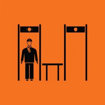 Stadium metal detector frame with inspecting fan icon Stock Illustration