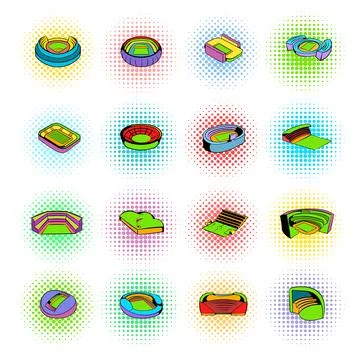 Stadium set icons, comics style Stock-Illustration