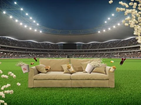 Stadium with a sofa in the middle. 3d rendering Stock Illustration