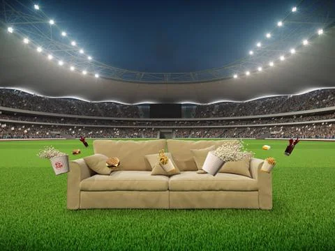 Stadium with a sofa in the middle. 3d rendering Ilustración de archivo