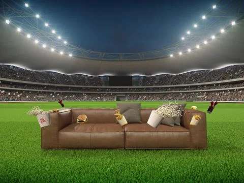 Stadium with a sofa in the middle. 3d rendering Stock Illustration