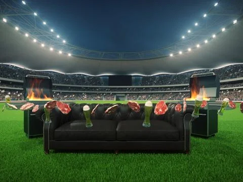 Stadium with a sofa in the middle. 3d rendering Stock Illustration